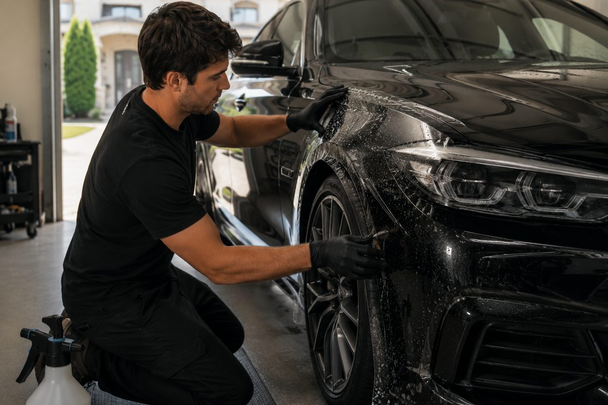 Full Front paint protection film wrapped over the bumper and front fender of a black sedan