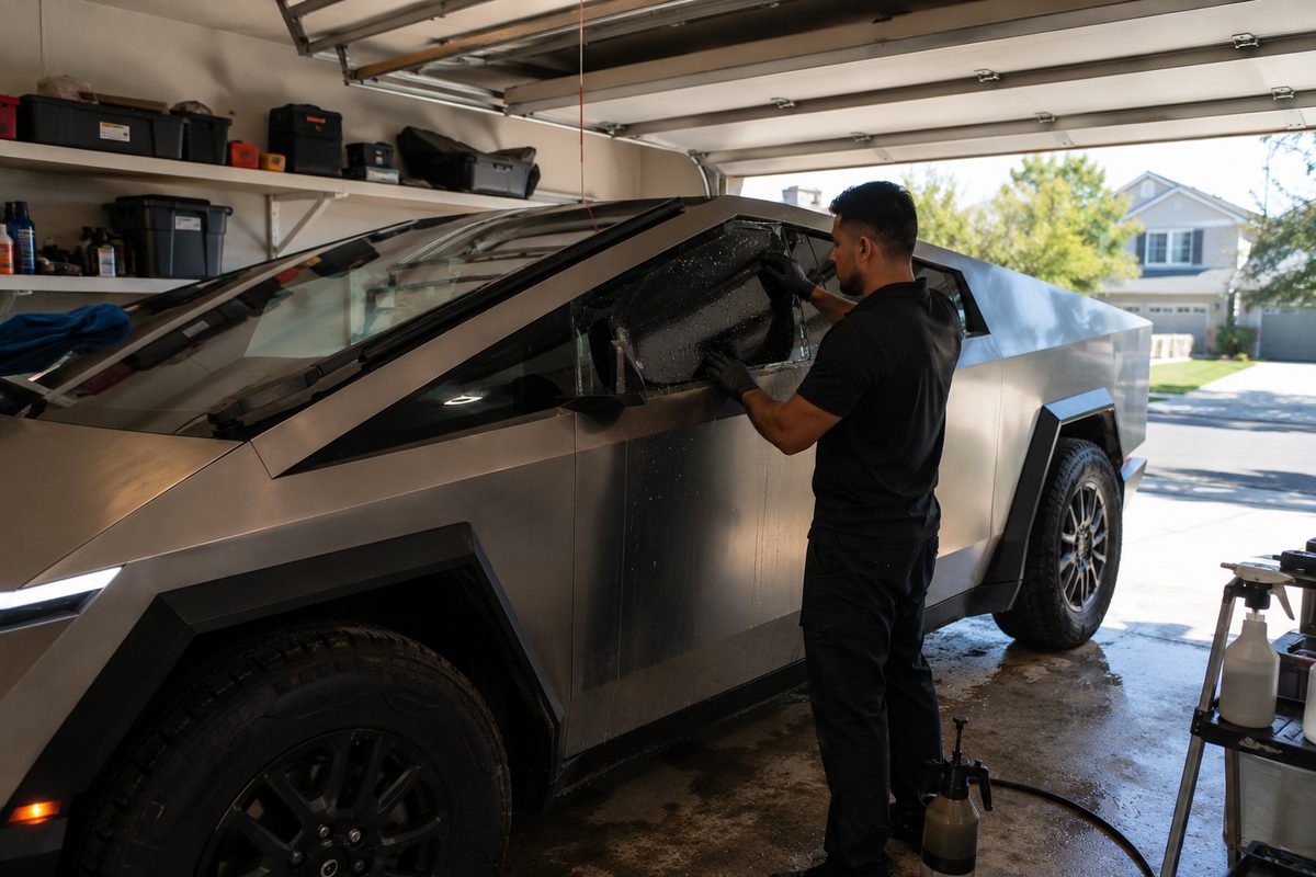 Tesla Cybertruck window tint — ceramic film laid on the rear door glass at a San Diego home