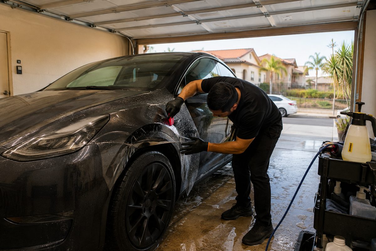 Paint protection film going onto a Tesla front fender in the owner's garage — mobile PPF, San Diego